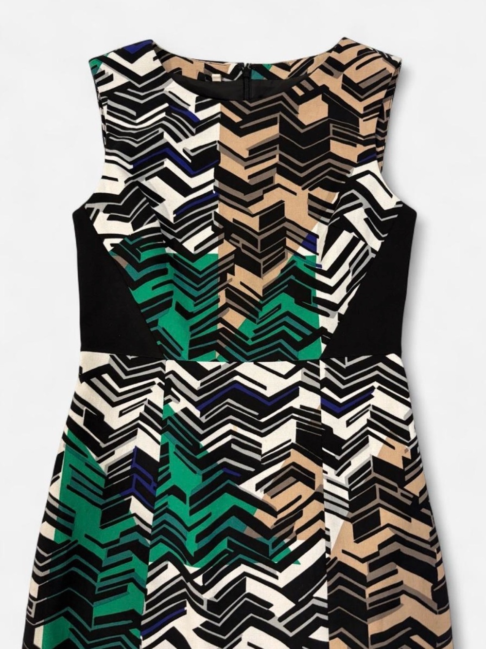 4C Sleeveless Geometric Print Fit-and-Flare Top in Green, Black & Tan